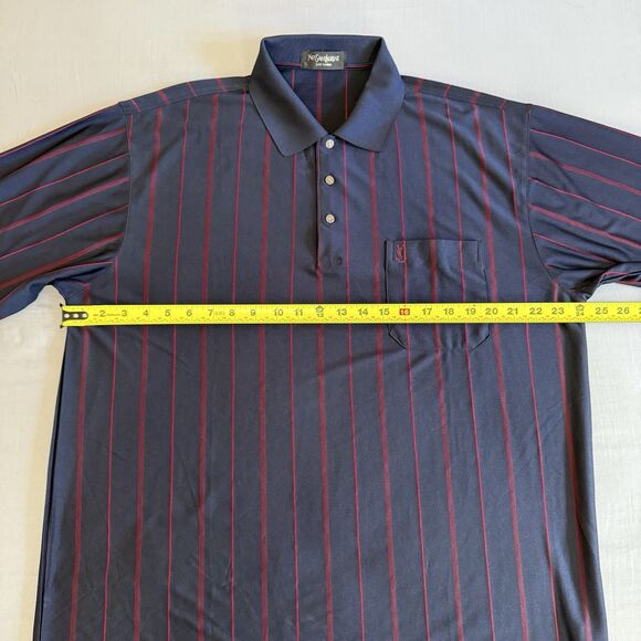 Vtg Yves Saint Laurent YSL 100% Silk Navy Red Stripe Polo Shirt Mens Approx. XXL - Picture 12 of 16